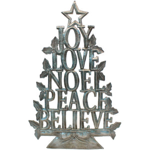 "Joy, Love, Noel, Peace, Believe" Christmas Tree | Haitian Steel Metal Drum Art , Vineworks - Vineworks Fair Trade
